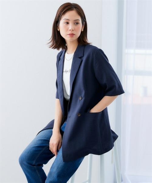 7days Life Styling(セブンデイズライフスタイリング)の「【接触冷感/UVカット】しわになりにくい麻調合繊半袖ダブルブレストジャケット (洗濯機OK)(テーラードジャケット・レディース・モカ/ネイビー・S/M/L/LL/3L/5L/4L/6L)」の13枚目の写真