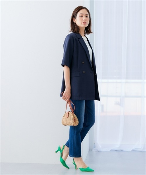 麻調合繊半袖ダブルブレストジャケット(しわになりにくい・接触