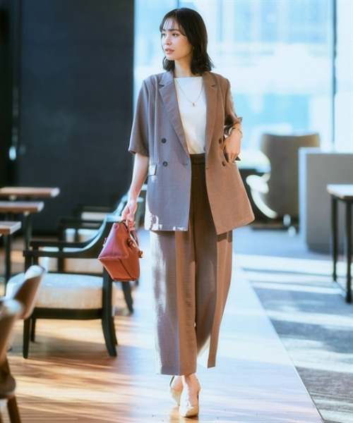 7days Life Styling(セブンデイズライフスタイリング)の「【接触冷感/UVカット】しわになりにくい麻調合繊半袖ダブルブレストジャケット (洗濯機OK)(テーラードジャケット・レディース・モカ/ネイビー・S/M/L/LL/3L/5L/4L/6L)」の14枚目の写真