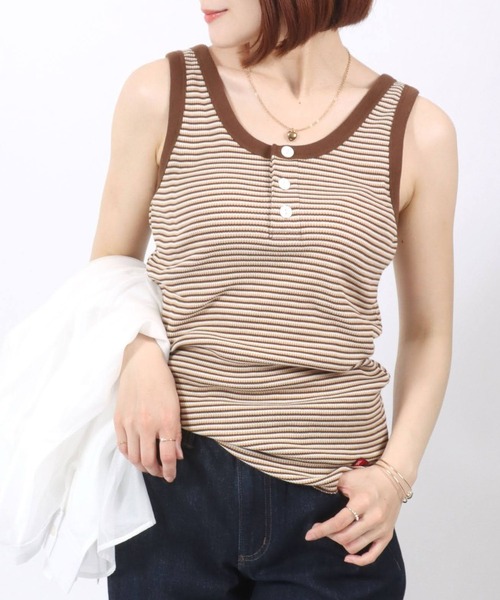 Healthknit（ヘルスニット）の「Healthknit（ヘルスニット）ボーダーワッフルサーマル ヘンリーネックタンクトップ レディース（タンクトップ・レディース・ブラウン/グリーン/ブルー・M）」の2枚目の写真
