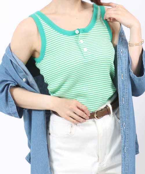 Healthknit（ヘルスニット）の「Healthknit（ヘルスニット）ボーダーワッフルサーマル ヘンリーネックタンクトップ レディース（タンクトップ・レディース・ブラウン/グリーン/ブルー・M）」の3枚目の写真