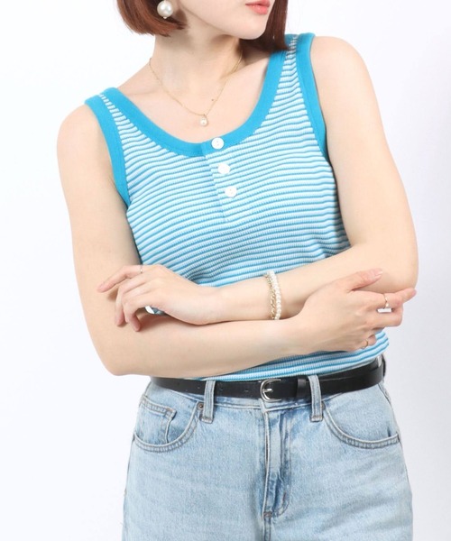 Healthknit（ヘルスニット）の「Healthknit（ヘルスニット）ボーダーワッフルサーマル ヘンリーネックタンクトップ レディース（タンクトップ・レディース・ブラウン/グリーン/ブルー・M）」の15枚目の写真