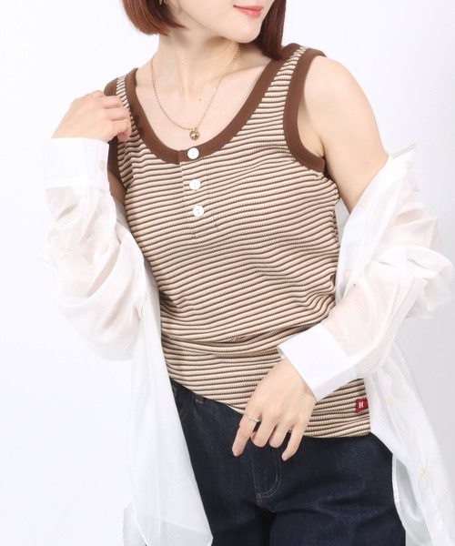 Healthknit（ヘルスニット）の「Healthknit（ヘルスニット）ボーダーワッフルサーマル ヘンリーネックタンクトップ レディース（タンクトップ・レディース・ブラウン/グリーン/ブルー・M）」の4枚目の写真