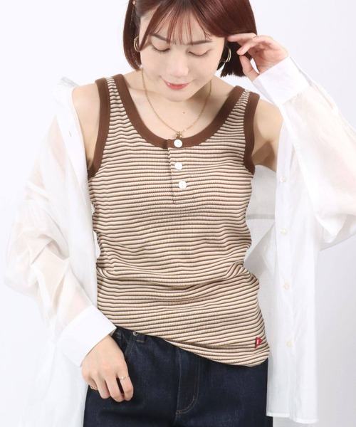 Healthknit（ヘルスニット）の「Healthknit（ヘルスニット）ボーダーワッフルサーマル ヘンリーネックタンクトップ レディース（タンクトップ・レディース・ブラウン/グリーン/ブルー・M）」の6枚目の写真