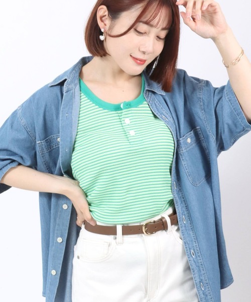 Healthknit（ヘルスニット）の「Healthknit（ヘルスニット）ボーダーワッフルサーマル ヘンリーネックタンクトップ レディース（タンクトップ・レディース・ブラウン/グリーン/ブルー・M）」の12枚目の写真