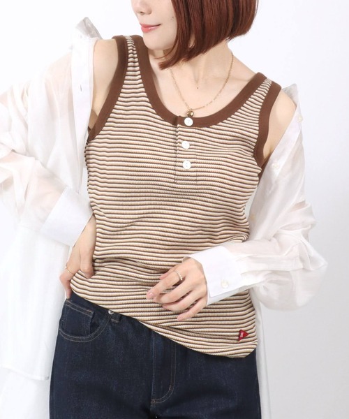 Healthknit（ヘルスニット）の「Healthknit（ヘルスニット）ボーダーワッフルサーマル ヘンリーネックタンクトップ レディース（タンクトップ・レディース・ブラウン/グリーン/ブルー・M）」の5枚目の写真