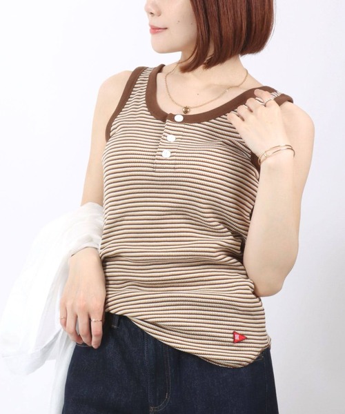 Healthknit（ヘルスニット）の「Healthknit（ヘルスニット）ボーダーワッフルサーマル ヘンリーネックタンクトップ レディース（タンクトップ・レディース・ブラウン/グリーン/ブルー・M）」の7枚目の写真