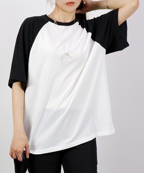 CLOTHY(クロシィ)の「【シンプルなTシャツにこなれ感をプラス!】5分袖ラグランTシャツ(Tシャツ/カットソー・レディース・ブラック/ブラウン/ネイビー/チャコールグレー・MEDIUM)」の5枚目の写真