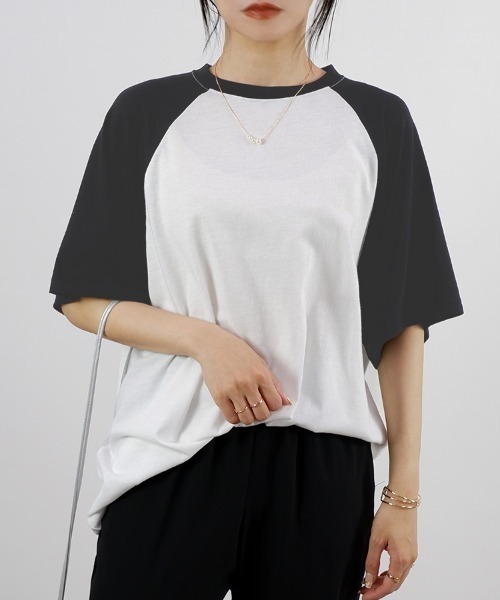 CLOTHY(クロシィ)の「【シンプルなTシャツにこなれ感をプラス!】5分袖ラグランTシャツ(Tシャツ/カットソー・レディース・ブラック/ブラウン/ネイビー/チャコールグレー・MEDIUM)」の13枚目の写真