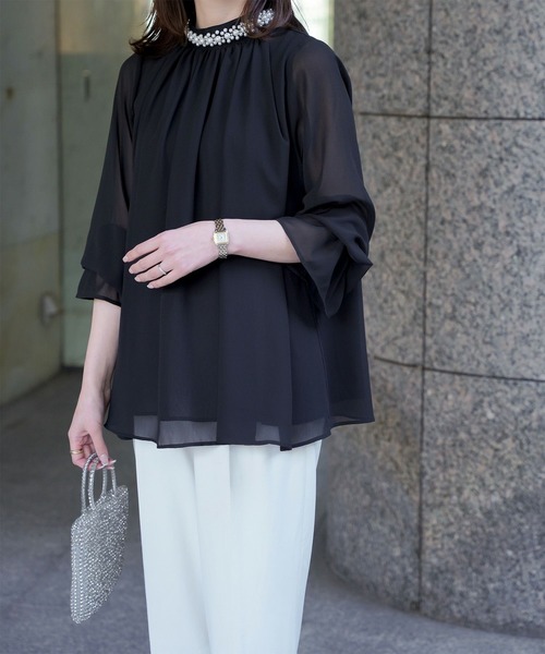 ブラウス シャツ パールネック キャンディスリーブ ブラウス HUIT レディース パールネック キャンディスリーブ ブラウス HUIT（シャツ