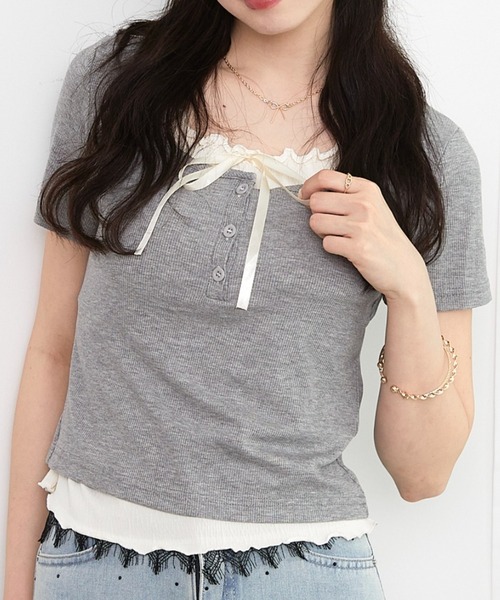 paravion(パラビオン)の「レイヤーリボンカットTシャツ(Tシャツ/カットソー・レディース・グレー/ブルー/ブラック/ホワイト/ピンク・FREE)」の4枚目の写真