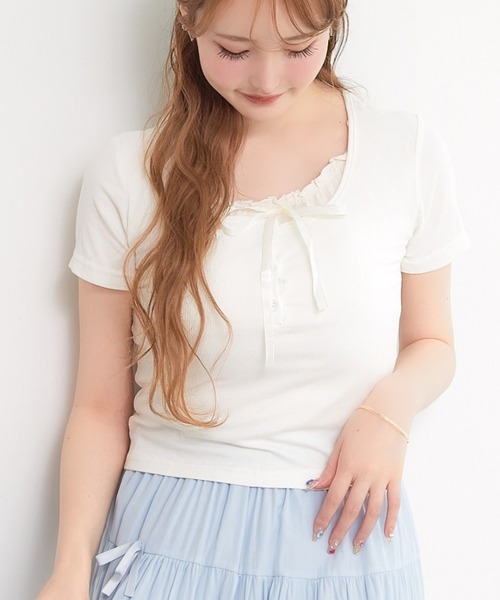paravion(パラビオン)の「レイヤーリボンカットTシャツ(Tシャツ/カットソー・レディース・グレー/ブルー/ブラック/ホワイト/ピンク・FREE)」の2枚目の写真