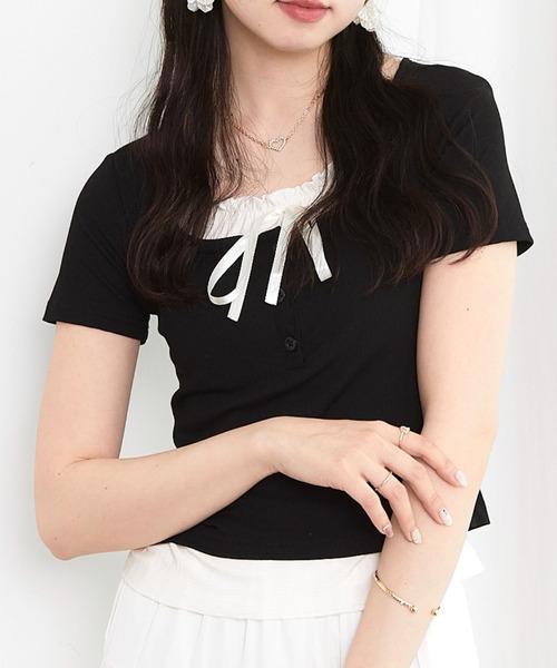 paravion(パラビオン)の「レイヤーリボンカットTシャツ(Tシャツ/カットソー・レディース・グレー/ブルー/ブラック/ホワイト/ピンク・FREE)」の3枚目の写真