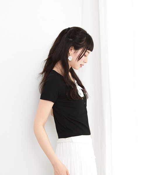 美品 amitie リボン レース Tシャツ カットソー ブラック L Tシャツ/カットソー（ブラック/黒色系・リボン）ファッション
