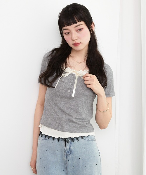 PAIN OR PLEASURE★韓国★人気★VERA RIBBON TEE Tシャツ/追跡付 セール】レイヤーリボンカットTシャツ（Tシャツ/カットソー