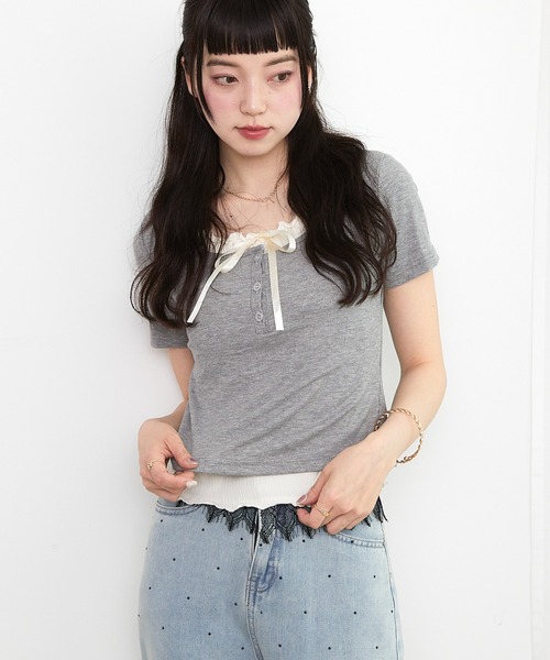 美品 amitie リボン レース Tシャツ カットソー ブラック L セール】レースリボン UネックリブピチT 透け感（Tシャツ