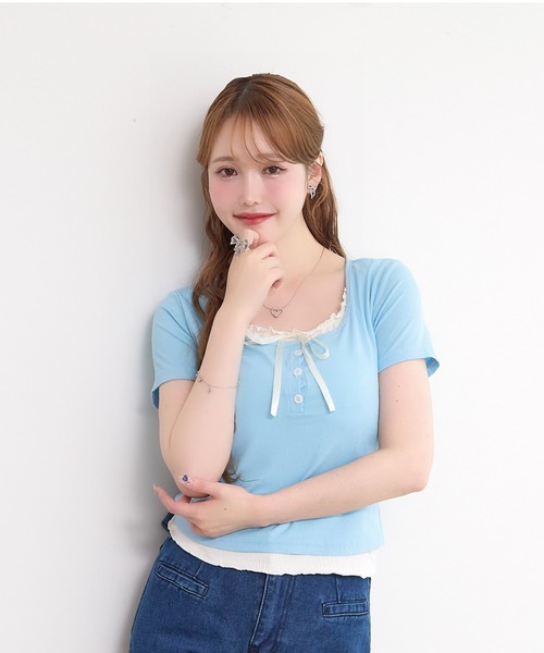 paravion(パラビオン)の「レイヤーリボンカットTシャツ(Tシャツ/カットソー・レディース・グレー/ブルー/ブラック/ホワイト/ピンク・FREE)」の10枚目の写真