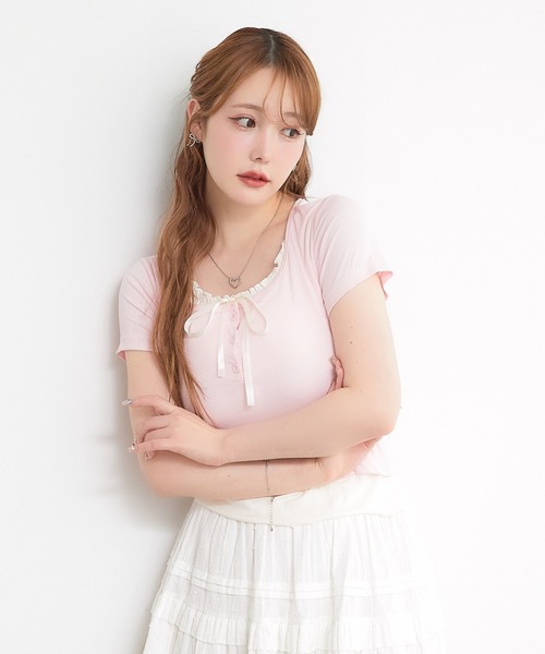 paravion(パラビオン)の「レイヤーリボンカットTシャツ(Tシャツ/カットソー・レディース・グレー/ブルー/ブラック/ホワイト/ピンク・FREE)」の18枚目の写真