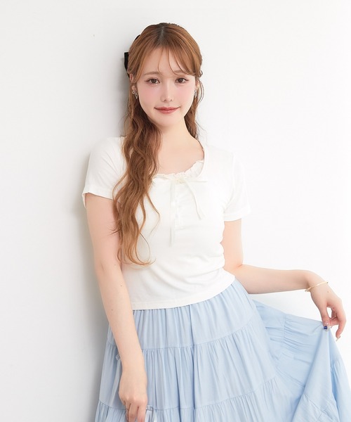 paravion(パラビオン)の「レイヤーリボンカットTシャツ(Tシャツ/カットソー・レディース・グレー/ブルー/ブラック/ホワイト/ピンク・FREE)」の6枚目の写真