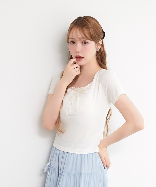 paravion(パラビオン)の「レイヤーリボンカットTシャツ(Tシャツ/カットソー・レディース・グレー/ブルー/ブラック/ホワイト/ピンク・FREE)」の7枚目の写真