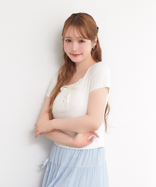 paravion(パラビオン)の「レイヤーリボンカットTシャツ(Tシャツ/カットソー・レディース・グレー/ブルー/ブラック/ホワイト/ピンク・FREE)」の8枚目の写真