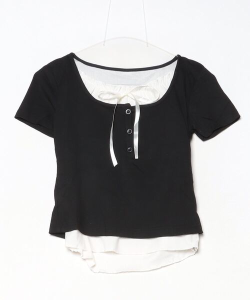 美品 amitie リボン レース Tシャツ カットソー ブラック L セール】レイヤーリボンカットTシャツ(Tシャツ/カットソー