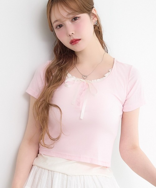 PAIN OR PLEASURE★韓国★人気★VERA RIBBON TEE Tシャツ/追跡付 セール】レイヤーリボンカットTシャツ(Tシャツ/カットソー