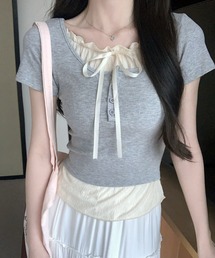 VIBGYOR | ヘンリーネック リボンデザイン レイヤードTシャツ(CZ)(Tシャツ/カットソー)