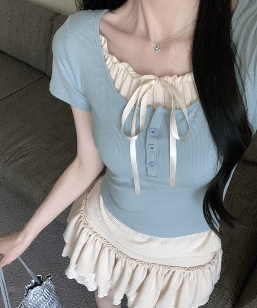 VIBGYOR（ヴィブジョー）の「ヘンリーネック リボンデザイン レイヤードTシャツ(CZ)（Tシャツ/カットソー・レディース・グレー/ライトブルー/ブラック・FREE）」の3枚目の写真