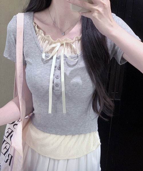 VIBGYOR（ヴィブジョー）の「ヘンリーネック リボンデザイン レイヤードTシャツ(CZ)（Tシャツ/カットソー・レディース・グレー/ライトブルー/ブラック・FREE）」の13枚目の写真