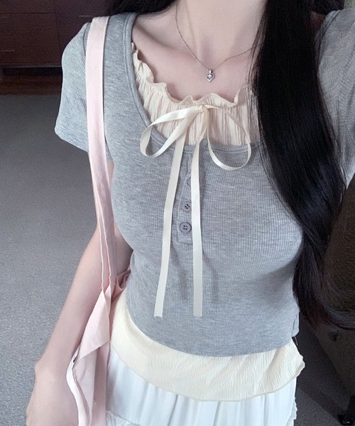 VIBGYOR（ヴィブジョー）の「ヘンリーネック リボンデザイン レイヤードTシャツ(CZ)（Tシャツ/カットソー・レディース・グレー/ライトブルー/ブラック・FREE）」の11枚目の写真