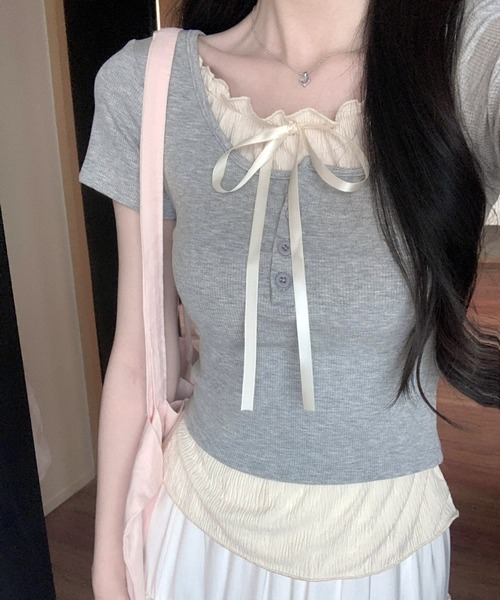 VIBGYOR（ヴィブジョー）の「ヘンリーネック リボンデザイン レイヤードTシャツ(CZ)（Tシャツ/カットソー・レディース・グレー/ライトブルー/ブラック・FREE）」の10枚目の写真