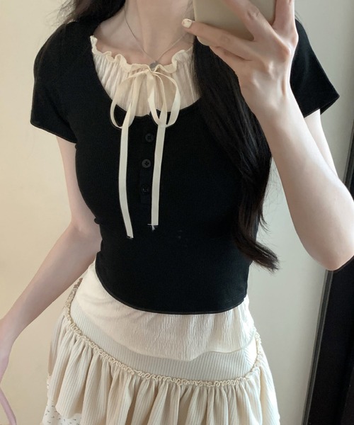 VIBGYOR（ヴィブジョー）の「ヘンリーネック リボンデザイン レイヤードTシャツ(CZ)（Tシャツ/カットソー・レディース・グレー/ライトブルー/ブラック・FREE）」の8枚目の写真