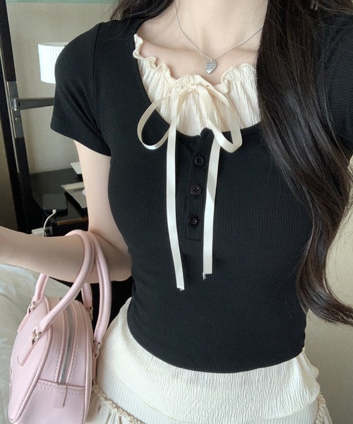 VIBGYOR（ヴィブジョー）の「ヘンリーネック リボンデザイン レイヤードTシャツ(CZ)（Tシャツ/カットソー・レディース・グレー/ライトブルー/ブラック・FREE）」の7枚目の写真