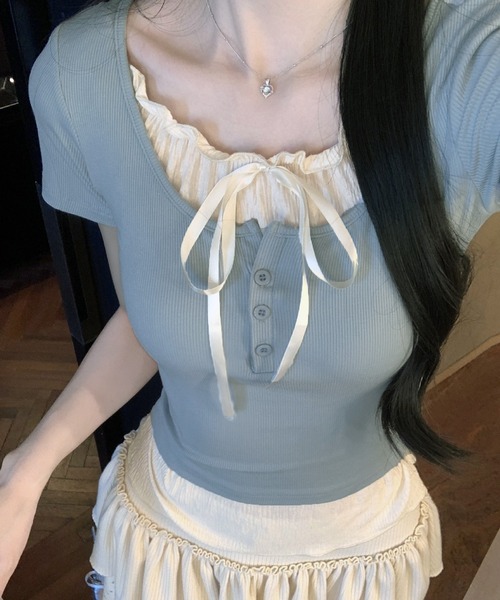 VIBGYOR（ヴィブジョー）の「ヘンリーネック リボンデザイン レイヤードTシャツ(CZ)（Tシャツ/カットソー・レディース・グレー/ライトブルー/ブラック・FREE）」の15枚目の写真