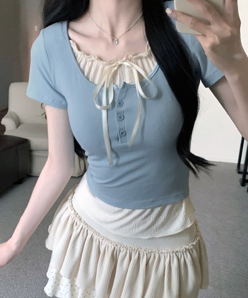 VIBGYOR（ヴィブジョー）の「ヘンリーネック リボンデザイン レイヤードTシャツ(CZ)（Tシャツ/カットソー・レディース・グレー/ライトブルー/ブラック・FREE）」の14枚目の写真