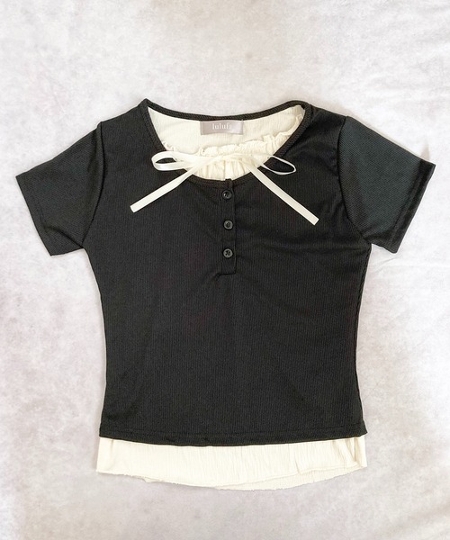 VIBGYOR（ヴィブジョー）の「ヘンリーネック リボンデザイン レイヤードTシャツ(CZ)（Tシャツ/カットソー・レディース・グレー/ライトブルー/ブラック・FREE）」の16枚目の写真