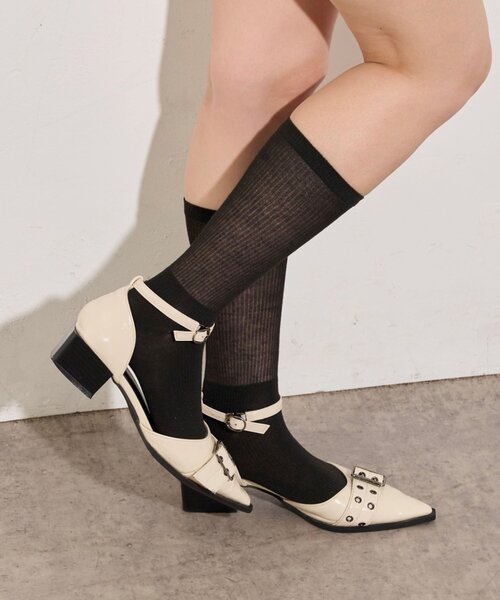 WHO'S WHO gallery（フーズフーギャラリー）の「シアーリブソックス（ソックス/靴下・レディース・ブラック/オフホワイト・FREE）」の5枚目の写真