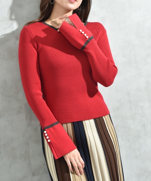 INTERPLANET（インタープラネット）の「配色リブフレアースリーブパール釦付プルオーバー（ニット/セーター・レディース・レッド/ブラック/チャコールグレー・FREE）」の3枚目の写真