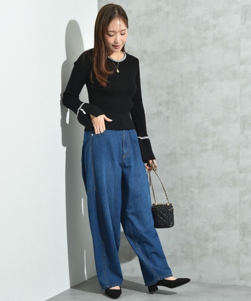 INTERPLANET（インタープラネット）の「配色リブフレアースリーブパール釦付プルオーバー（ニット/セーター・レディース・レッド/ブラック/チャコールグレー・FREE）」の6枚目の写真