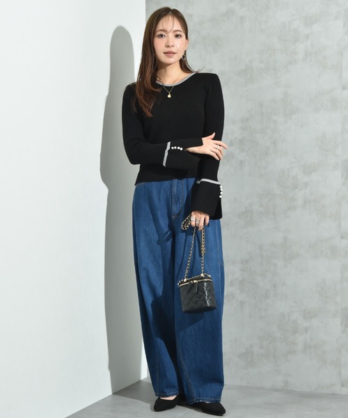 INTERPLANET（インタープラネット）の「配色リブフレアースリーブパール釦付プルオーバー（ニット/セーター・レディース・レッド/ブラック/チャコールグレー・FREE）」の4枚目の写真