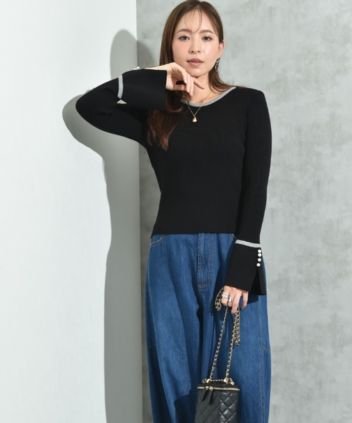 INTERPLANET（インタープラネット）の「配色リブフレアースリーブパール釦付プルオーバー（ニット/セーター・レディース・レッド/ブラック/チャコールグレー・FREE）」の7枚目の写真