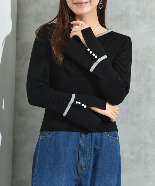 INTERPLANET（インタープラネット）の「配色リブフレアースリーブパール釦付プルオーバー（ニット/セーター・レディース・レッド/ブラック/チャコールグレー・FREE）」の8枚目の写真