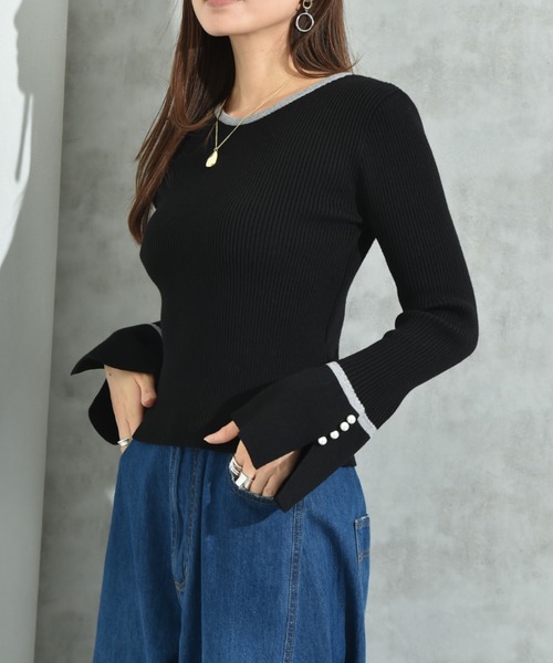 INTERPLANET（インタープラネット）の「配色リブフレアースリーブパール釦付プルオーバー（ニット/セーター・レディース・レッド/ブラック/チャコールグレー・FREE）」の11枚目の写真