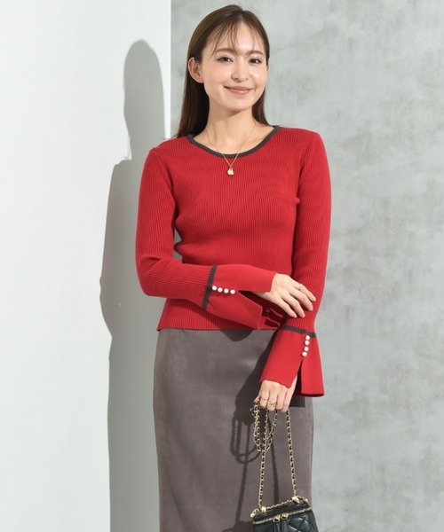 INTERPLANET（インタープラネット）の「配色リブフレアースリーブパール釦付プルオーバー（ニット/セーター・レディース・レッド/ブラック/チャコールグレー・FREE）」の15枚目の写真