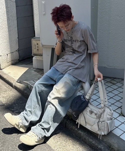 Never mind the XU / Chikashitsu+（ネバーマインド ザ エックスユー / チカシツプラス）の「【nmtc+】stripe wash wide denim pants / 【エヌエムティーシープラス】ストライプボーダーウォッシュワイドデニムパンツ（デニムパンツ・メンズ・ブラック/ブルー・L/M/S）」の7枚目の写真