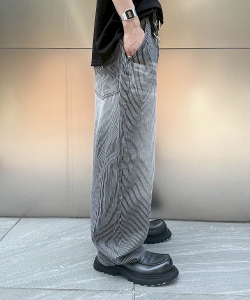 デニム・ジーパン Luca Stripe Washing Wide Denim Pants (2color) Chikashitsu +】design washing wide denim pants (2color
