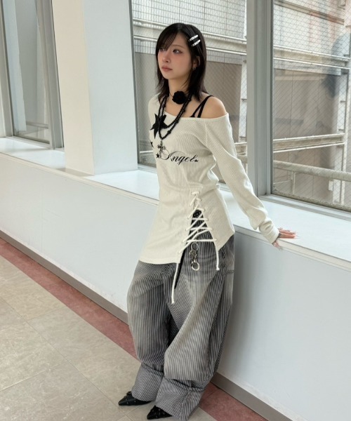 Never mind the XU / Chikashitsu+(ネバーマインド ザ エックスユー / チカシツプラス)の「【nmtc+】stripe wash wide denim pants / 【エヌエムティーシープラス】ストライプボーダーウォッシュワイドデニムパンツ(デニムパンツ・メンズ・ブラック/ブルー・L/M/S)」の6枚目の写真