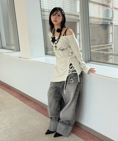 Never mind the XU / Chikashitsu+(ネバーマインド ザ エックスユー / チカシツプラス)の「【nmtc+】stripe wash wide denim pants / 【エヌエムティーシープラス】ストライプボーダーウォッシュワイドデニムパンツ(デニムパンツ・メンズ・ブラック/ブルー・L/M/S)」の5枚目の写真