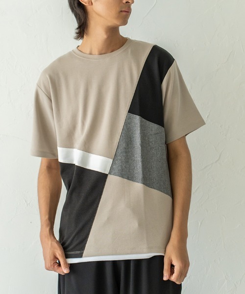 HORIZON DREAM（ホライゾンドリーム）の「ナナメ切替Tシャツ（Tシャツ/カットソー・メンズ・ホワイト/ブラック/グレイッシュベージュ・LARGE/MEDIUM）」の3枚目の写真
